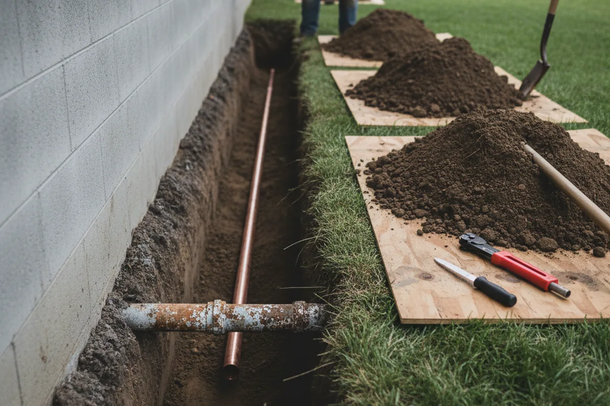 Excavated water line trench during Sewer Line Repair in Melber